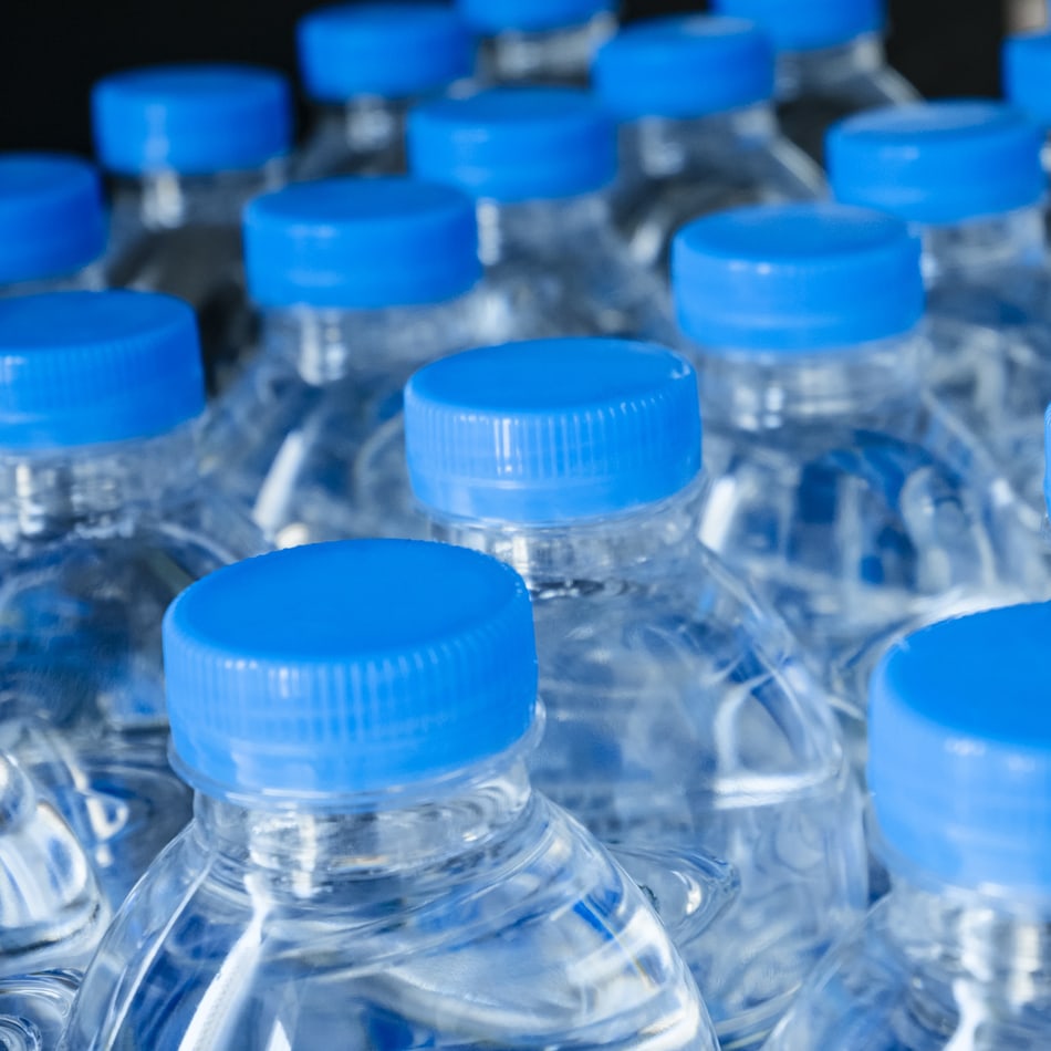 Water bottles on a supply chain line for humanitarian aid