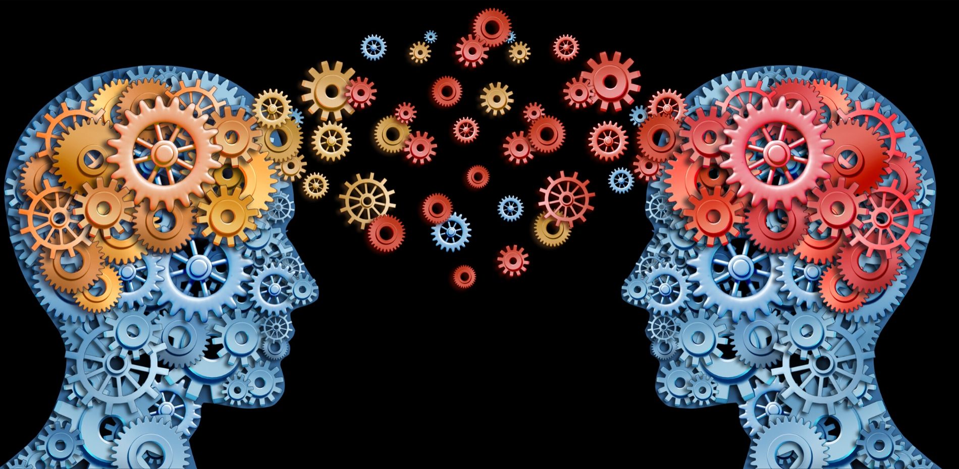 Teamwork and leadership with education symbol represented by two human heads shaped with gears with red and gold brain idea made of cogs representing the concept of intellectual communication through technology exchange.