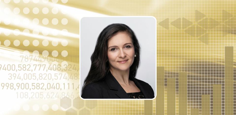 Heather Arentson headshot over a gold background with graphs and data sets