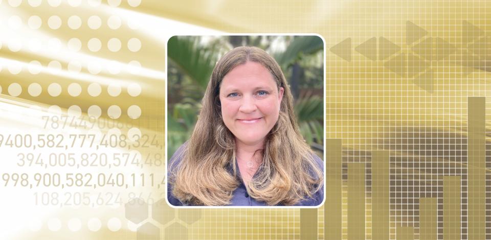 Cindy Kelford headshot over gold background with graphs and data sets
