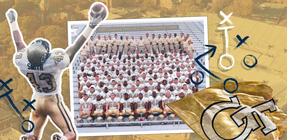 A gold background image of Georgia Tech's campus with collaged images of a Georgia Tech flag, football player, vintage football roster photo, and football formation markings over top.