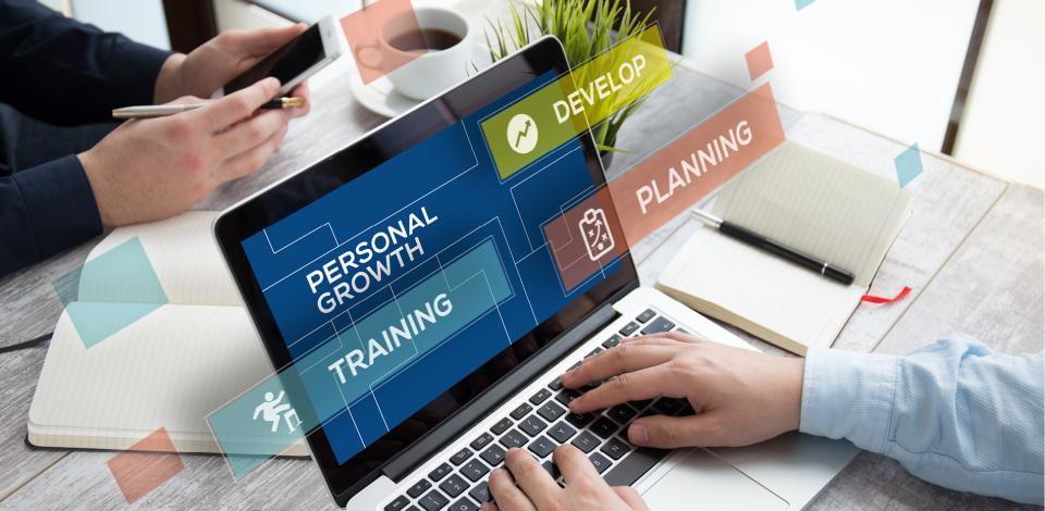 A person typing on a laptop with a graphic showing the words "personal growth," training," "planning" and "develop"