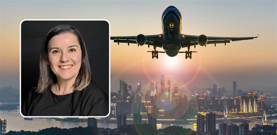 OMS Analytics alumna Claudia Scott's headshot on top of a background image of an airplane takeoff over a city landscape.