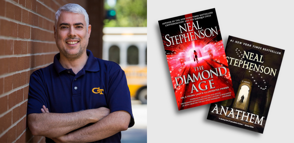 Joel Sokol (left). Book covers of "The Diamond Age" and "Anathem" by Neal Stephenson (right)