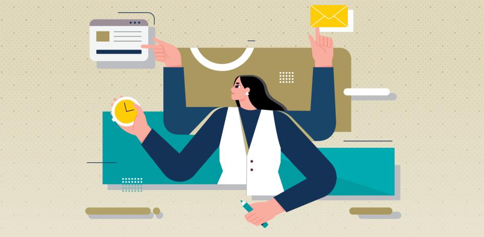 Illustration of a female project manager managing multiple tasks at work.