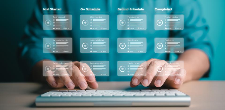 person typing on keyboard with a transparent project management dashboard overlayed on top of their chest and hands