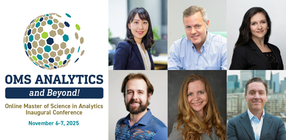 OMS Analytics Conference logo alongside six speaker headshots. Top row, from left: Yanni Jin, Joe Domaleski, and Heather Arentson. Bottom row, from left: Jake Gord, DaBrae Kennedy-Mayo, and Joe Depa.