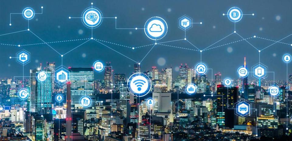 cybersecurity graphic over a city