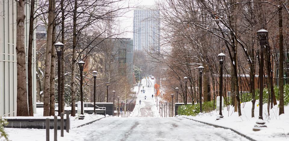 snow covering Georgia Tech's freshman hill overlooking midtown Atlanta