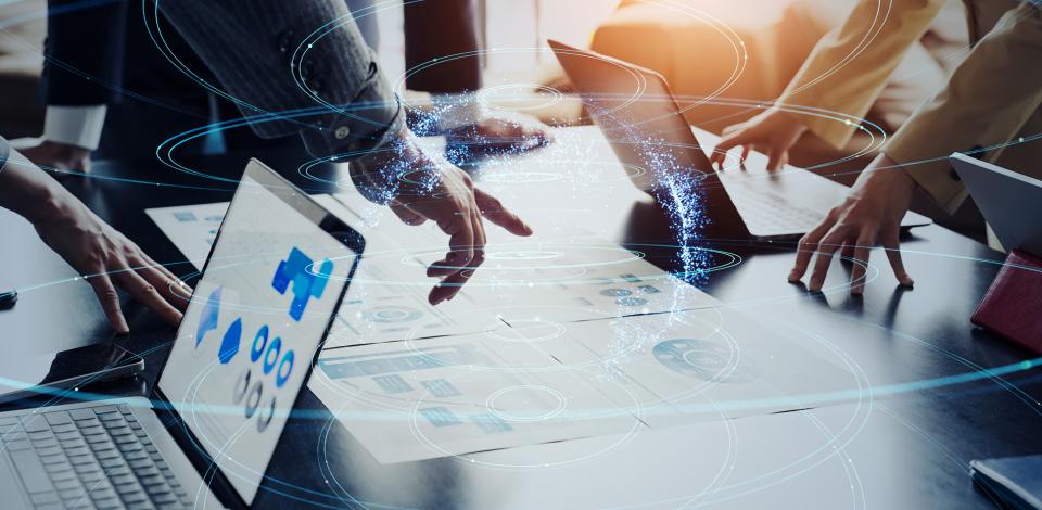 Laptops with AI graphic overlay