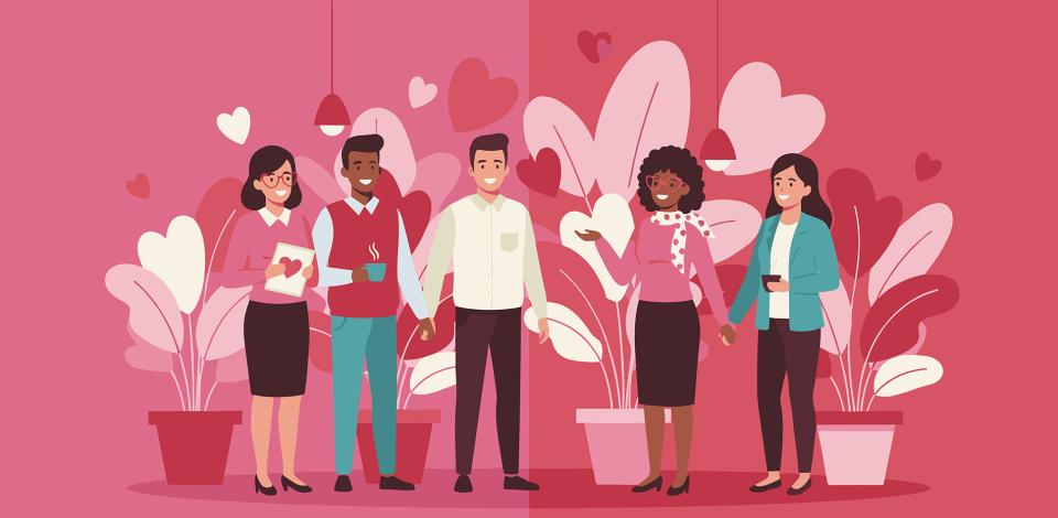 graphic of people in business clothes with hearts and flowers in the background