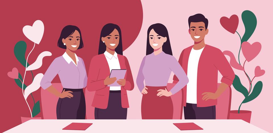 A graphic of people in business clothes with heart graphics