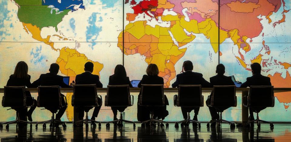 Foreign leaders sitting at a table facing a world map
