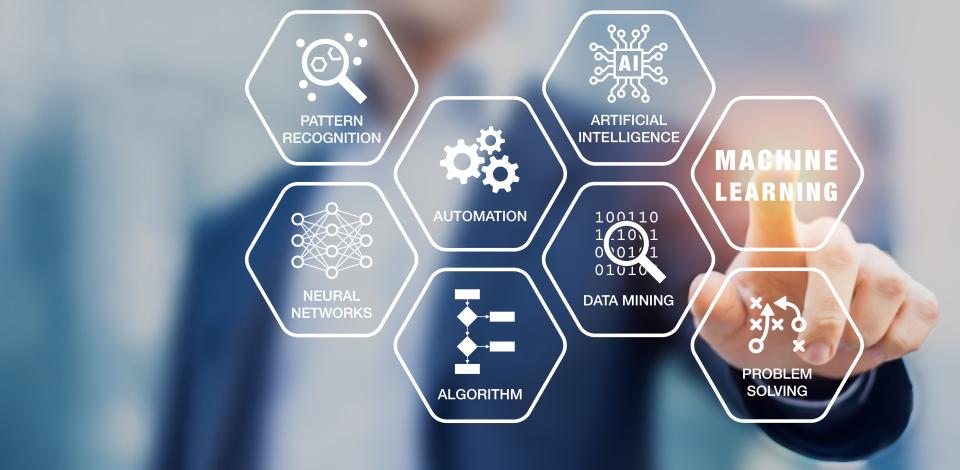 person pointing at "Machine Learning" on a screen showing hexagon's depicting different machine learning elements