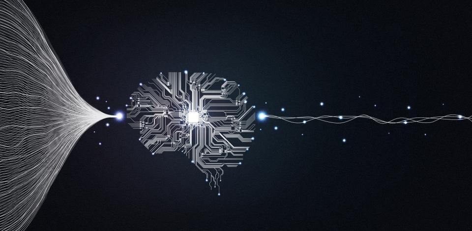 A large data set funneled from left to right into a brain of data, and a single line (concept) coming out the right side, representing how machine learning feeds AI data to find hidden patterns.