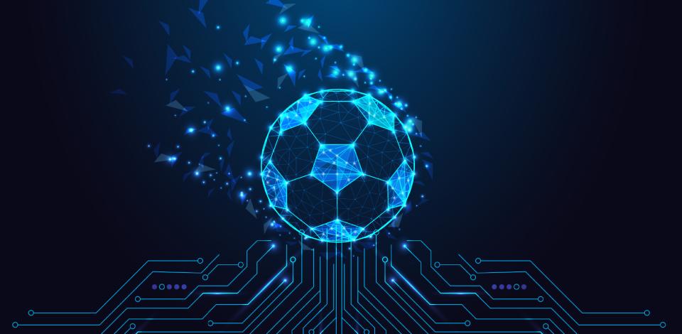 A futuristic soccer ball on a circuit-themed background.