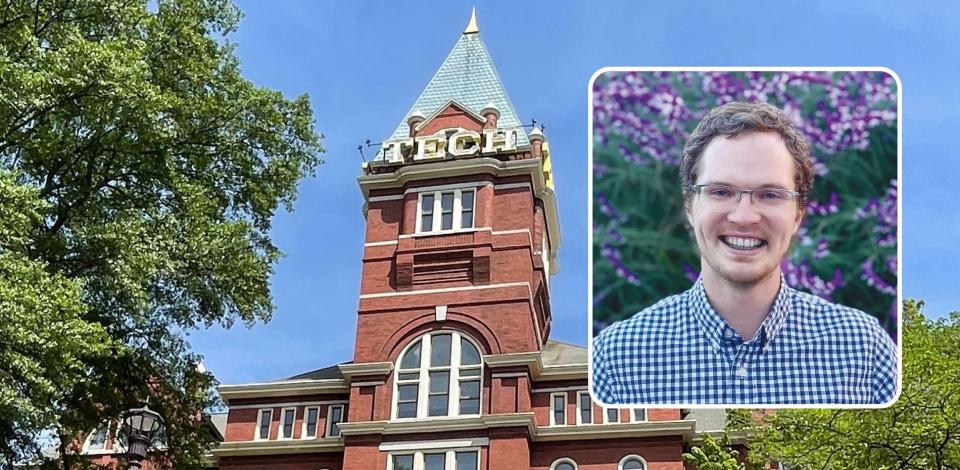 Ethan Maluhia Roberts headshot (right) in front of a photo of Georgia Tech's "Tech Tower."