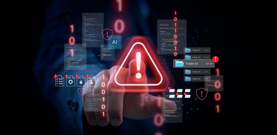 A hand reaching out to touch a red warning triangle with other folders and warning labels floating around it to symbolize a computer system warning about cybersecurity threats