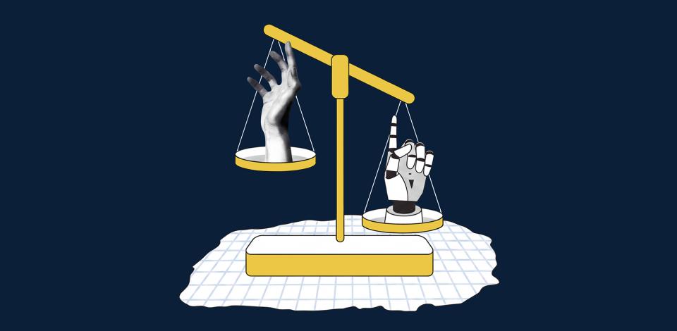 Graphic of a gold scale weighing a robot hand (representing AI) against a human hand.