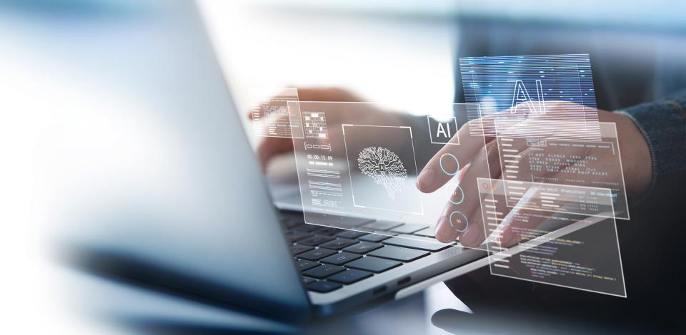 Handing trying on a laptop with transparent tabs floating to indicate AI usage.