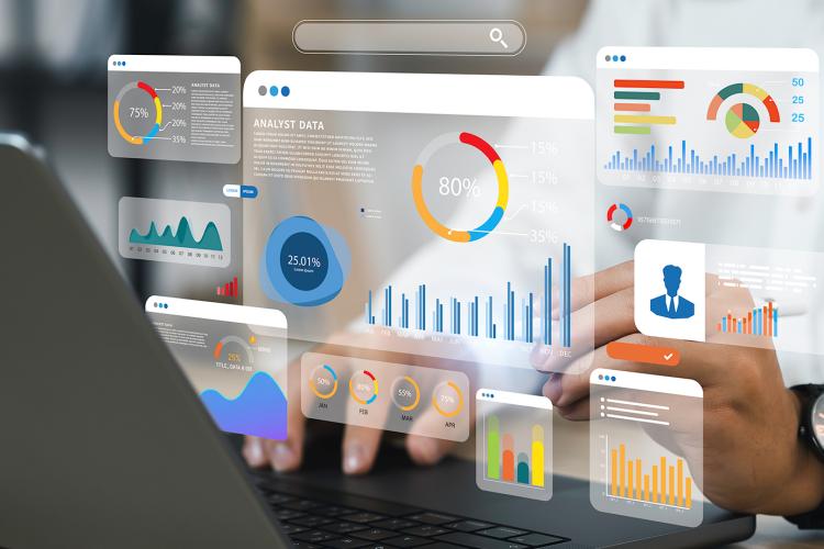 Data analyst viewing a business analytics report on their laptop.