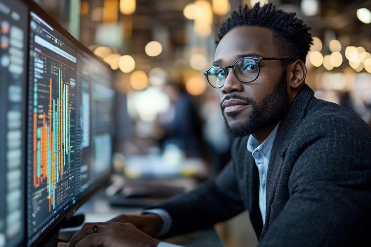 A person sitting at a desk looking at a computer