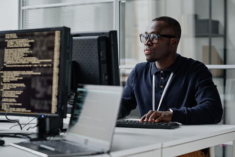A person sitting at a desk with a computer
