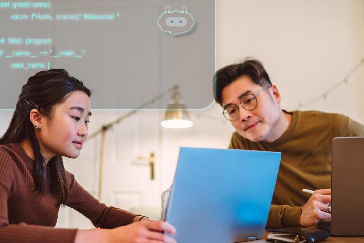 Man and woman using AI to code on a laptop