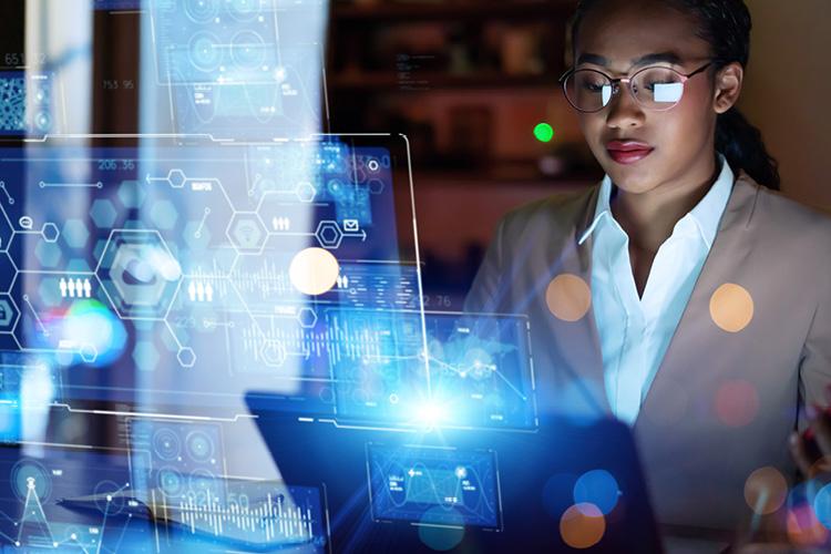 Working professional using technology to lead within her organization