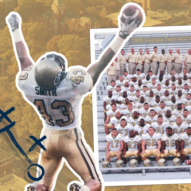 A gold background image of Georgia Tech's campus with collaged images of a Georgia Tech flag, football player, vintage football roster photo, and football formation markings over top.