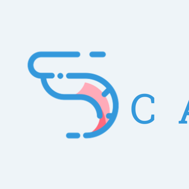 The word SCAMPI spelled out with a shrimp design in the shape of the S