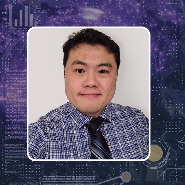 Pin Hsu headshot over dark purple background depicting analytical human thought