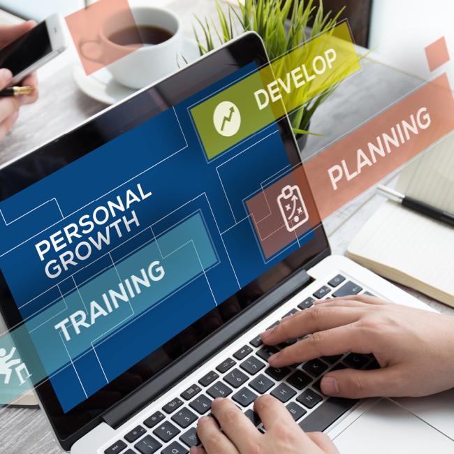 A person typing on a laptop with a graphic showing the words "personal growth," training," "planning" and "develop"