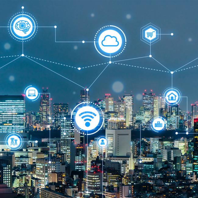A cityscape with icons and symbols related to cybersecurity.