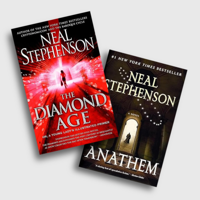 Joel Sokol (left). Book covers of "The Diamond Age" and "Anathem" by Neal Stephenson (right)