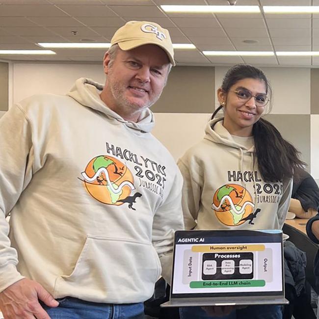 From left to right: Joe Domaleski, Yukti Bishambu, Liza Ghosh, and Nayel Noorani at the Data Science @ GT Hacklytics event in 2025.