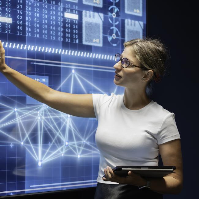 Woman standing in front of large screen discussing data