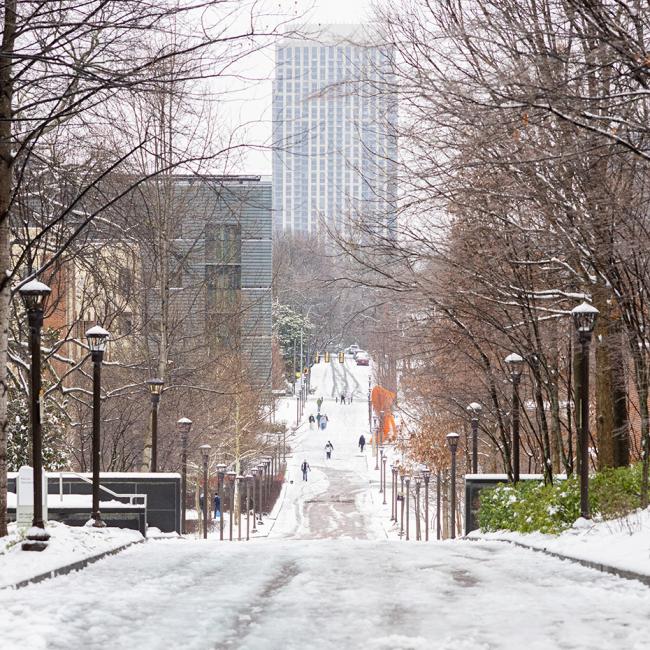 snow covering Georgia Tech's freshman hill overlooking midtown Atlanta