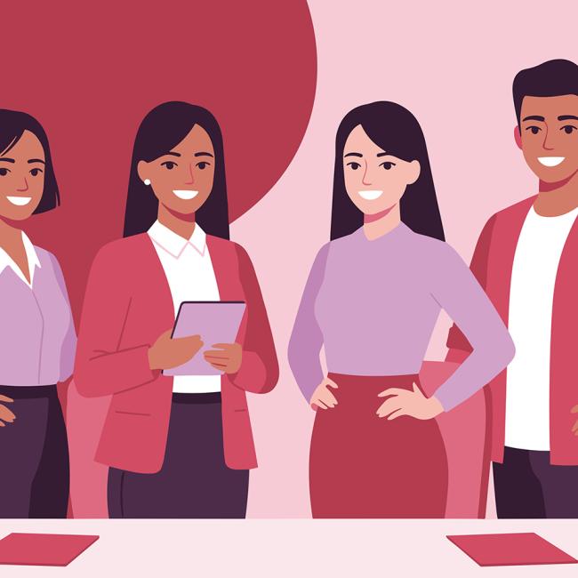 A graphic of people in business clothes with heart graphics