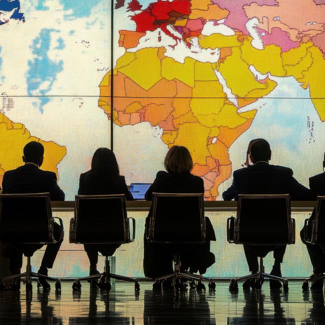 Foreign leaders sitting at a table facing a world map