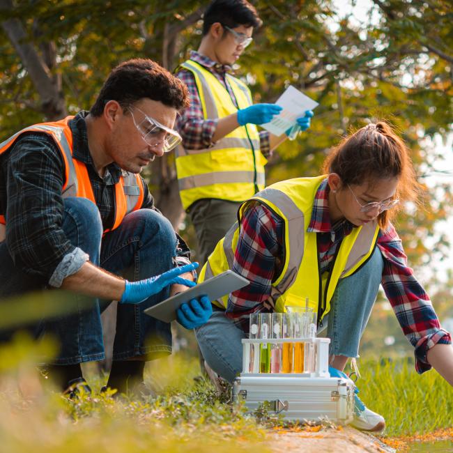 Three environmental health and safety specialists taking water samples outside of a manufacturing plant.