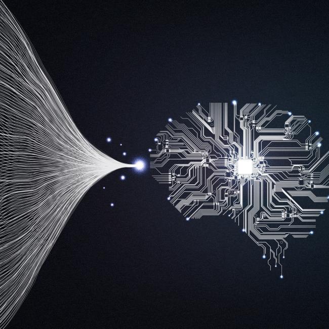 A large data set funneled from left to right into a brain of data, and a single line (concept) coming out the right side, representing how machine learning feeds AI data to find hidden patterns.
