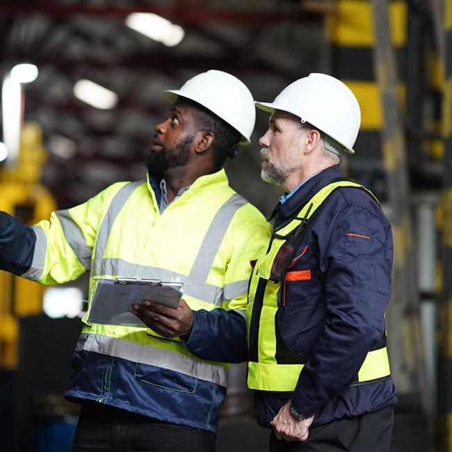 Two manufacturing employees talking in a plant