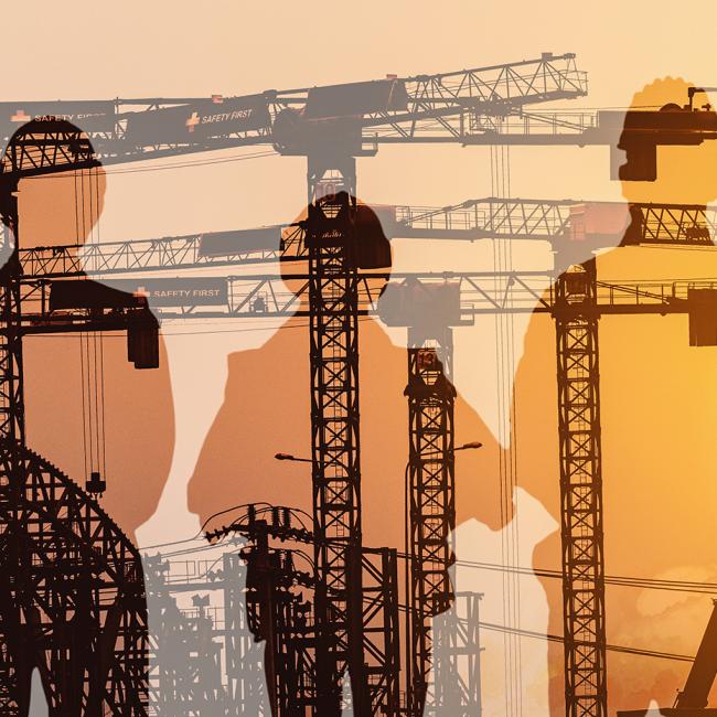 Silhouette of workers in PPE over an image of mechanical cranes.  