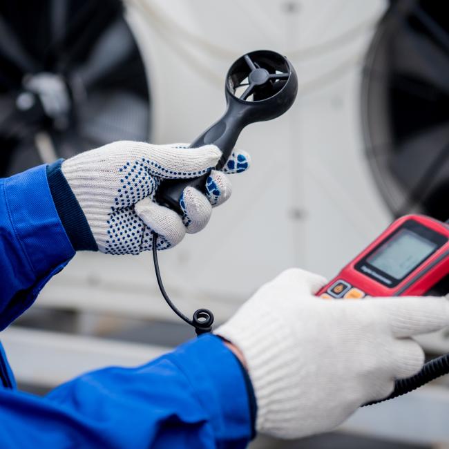An industrial hygienist testing air quality. 