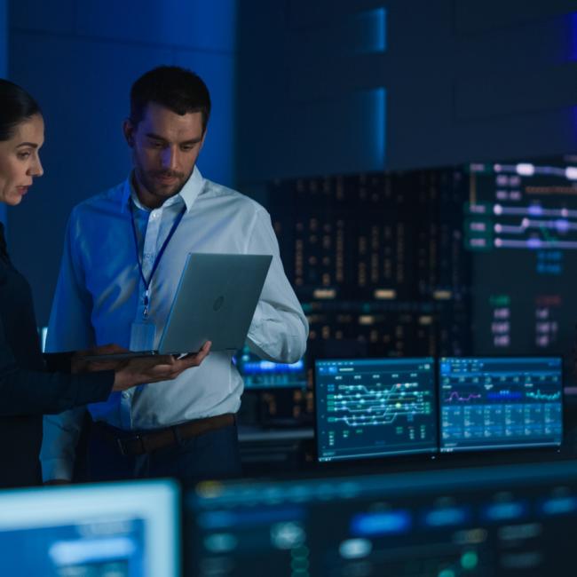Two professionals review information on a laptop in a control room filled with screens displaying network data and system dashboards.