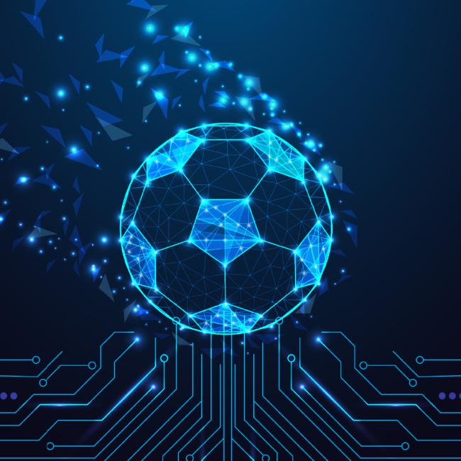 A futuristic soccer ball on a circuit-themed background.