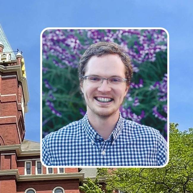 Ethan Maluhia Roberts headshot (right) in front of a photo of Georgia Tech's "Tech Tower."