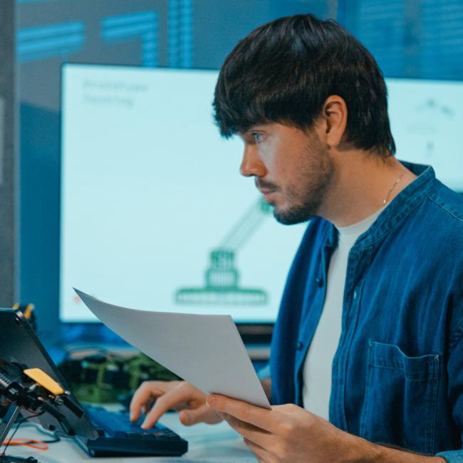 A man working at a desk with multiple computer monitors displaying data and charts, holding a document while focused on the screen.
