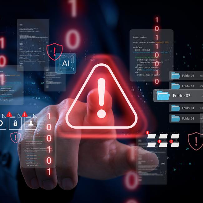 A hand reaching out to touch a red warning triangle with other folders and warning labels floating around it to symbolize a computer system warning about cybersecurity threats